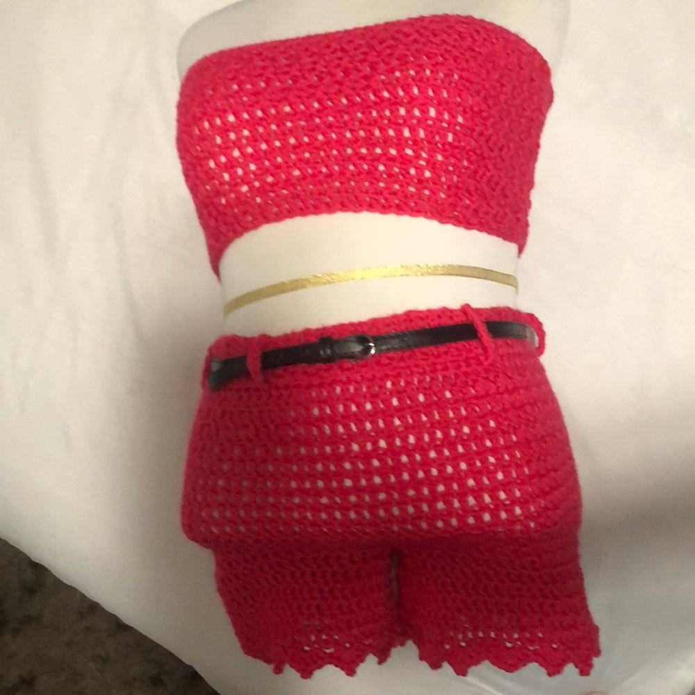 Handmade raspberry Crochet Tube Top and Shorts Set